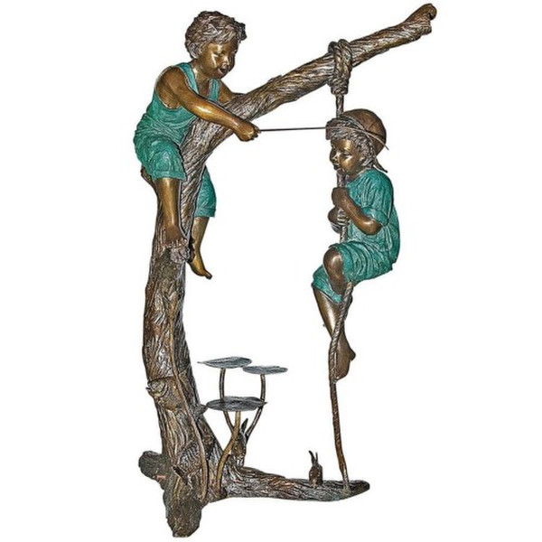  Frolicking Fisher Boys On Tree Bronze Children Sculpture depicts two boys joyfully fishing from a tree